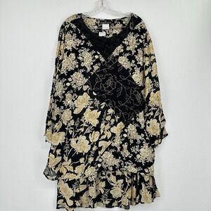 Carole Little Floral Skirt Tunic Set Size 16 Black‎ Ivory Mesh Inlay Long Sleeve